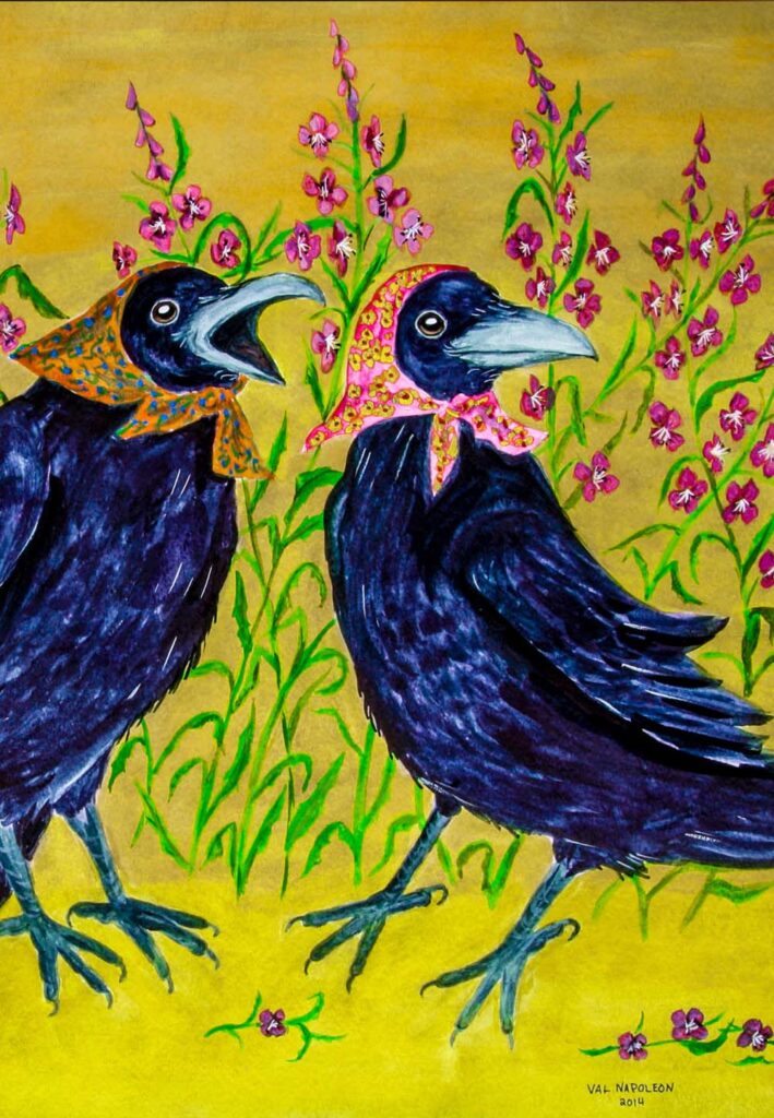 Two ravens wearing colourful scarves among pink wildflowers.