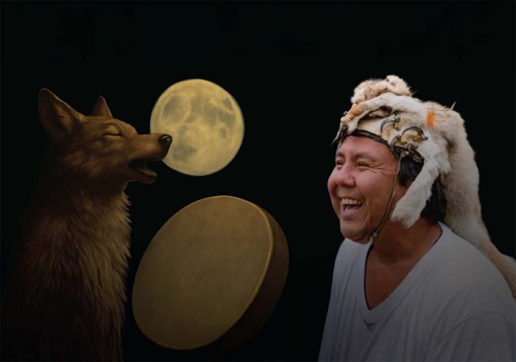 Storyteller smiling beside an illustrated coyote, moon, and drum.