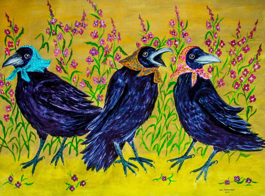 Three ravens wearing colourful scarves among pink wildflowers.
