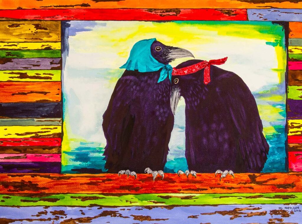 Two ravens in headscarves standing together in a colorful frame.