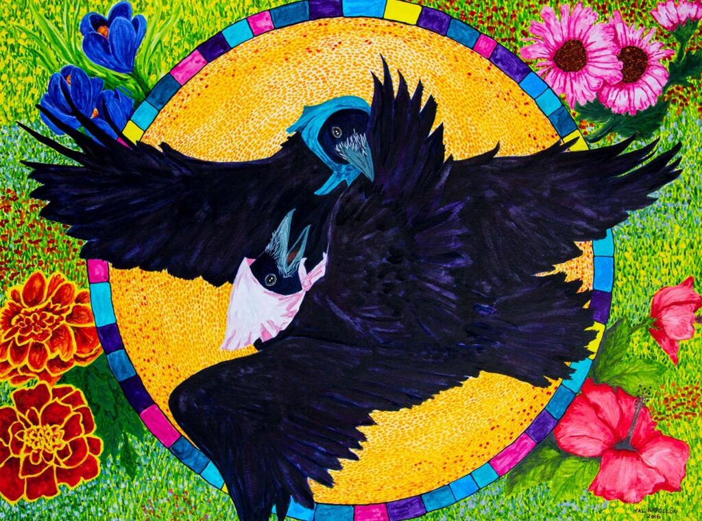 Two ravens in scarves flying inside a colorful circular border with flowers.