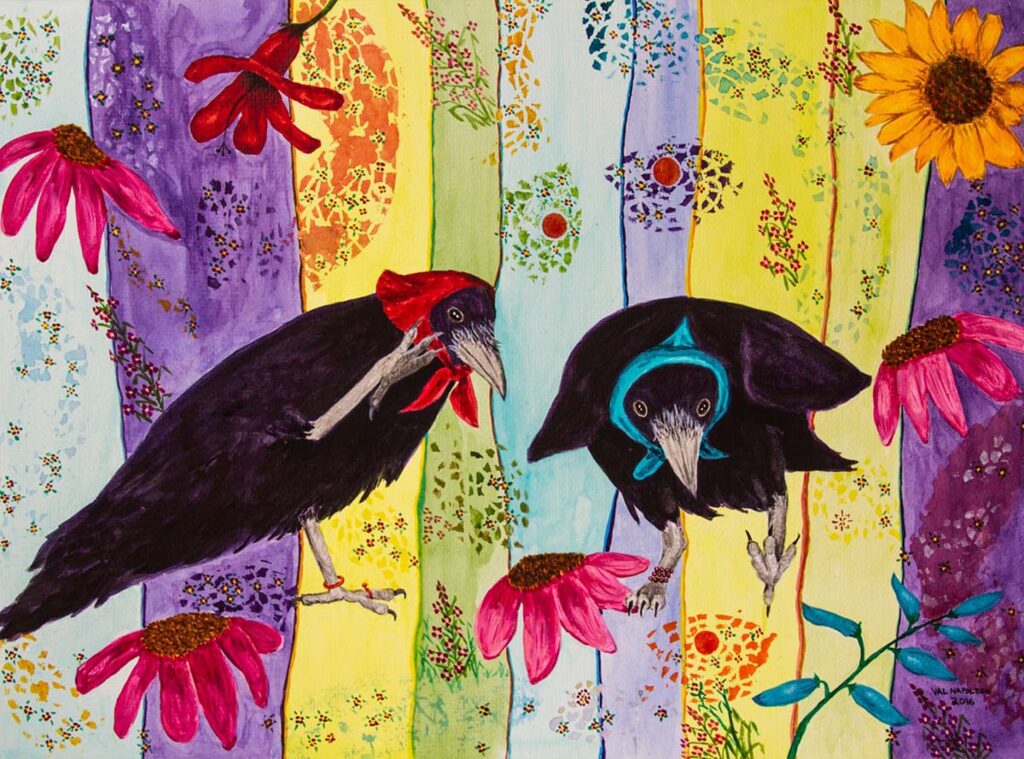 Two ravens in scarves surrounded by bright flowers and patterned stripes.